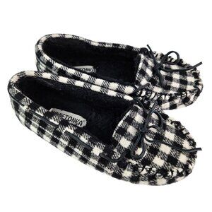 Minnetonka Petra Trapper Black/White Buffalo Plaid Moccasin Loafer Flat 8 44246